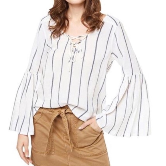 Sanctuary from Bloomingdale’s White and Blue Striped Loose Shirt Top with Laces - Picture 1 of 4